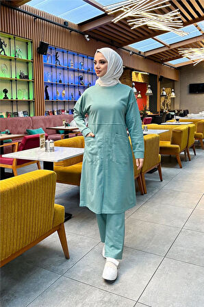 Önden İki Cepli Sade Basic Uzun Tunik Pantolon İkili Spor Takımı - 03067.100 - Çağla Yeşili