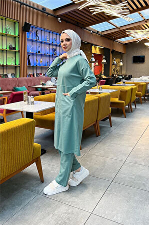 Önden İki Cepli Sade Basic Uzun Tunik Pantolon İkili Spor Takımı - 03067.100 - Çağla Yeşili