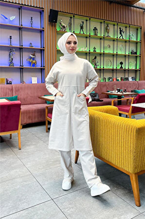 Önden İki Cepli Sade Basic Uzun Tunik Pantolon İkili Spor Takımı - 03067.027 - Ekru