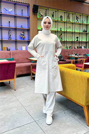 Önden İki Cepli Sade Basic Uzun Tunik Pantolon İkili Spor Takımı - 03067.027 - Ekru