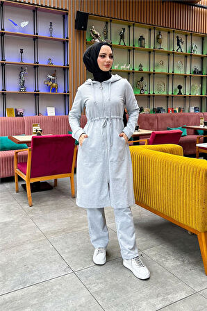 Kapşonlu Belden Bağlamalı Fermuarlı Sade Basic Uzun Tunik ve Pantolon İkili Spor Takım - 03065.008 - Gri