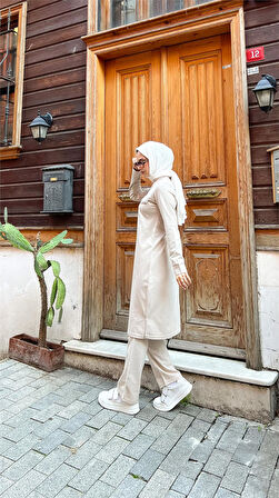 Fermuarlı Uzun Tunik Pantolon Spor İkili Takım - 03058.027 - Ekru