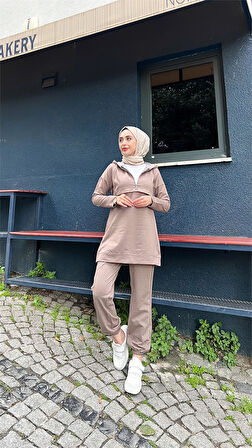 Kapşonlu Kısa Fermuarlı Sweat Pantolon Spor İkili Takım - 03059.016 - Vizon
