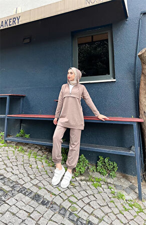 Kapşonlu Kısa Fermuarlı Sweat Pantolon Spor İkili Takım - 03059.016 - Vizon