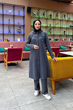 Kapşonlu Düğmeli Sade Basic Uzun Tunik ve Pantolon İkili Spor Takım - 03072.017 - Antrasit
