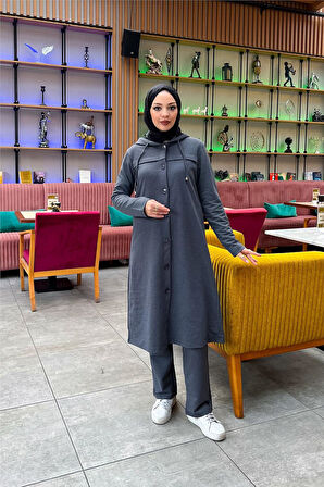 Kapşonlu Düğmeli Sade Basic Uzun Tunik ve Pantolon İkili Spor Takım - 03072.017 - Antrasit