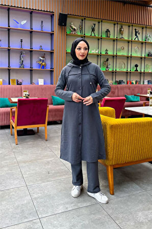 Kapşonlu Düğmeli Sade Basic Uzun Tunik ve Pantolon İkili Spor Takım - 03072.017 - Antrasit