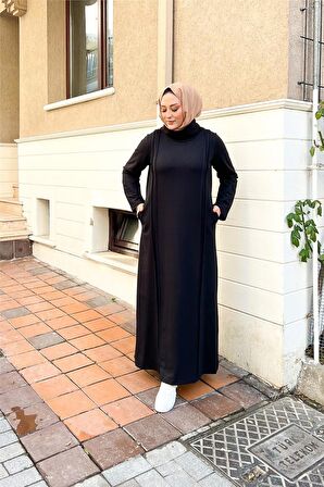 İkili Uzun Nevrül Detaylı Boğazlı Sade Basic Uzun Büyük Beden Spor Elbise - 12027 - Siyah