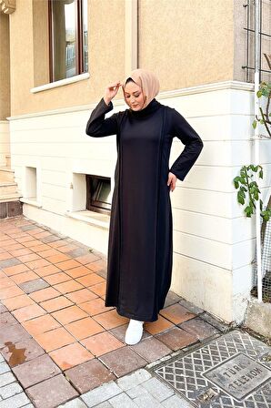 İkili Uzun Nevrül Detaylı Boğazlı Sade Basic Uzun Büyük Beden Spor Elbise - 12027 - Siyah