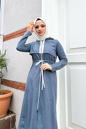 Kapşonlu Fermuarlı Belden Beyaz Bağcıklı Sade Basic İkili Spor Takımı - 03074.006 - İndigo