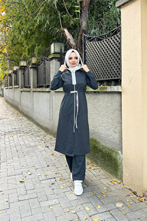 Kapşonlu Fermuarlı Belden Beyaz Bağcıklı Sade Basic İkili Spor Takımı - 03074.017 - Antrasit