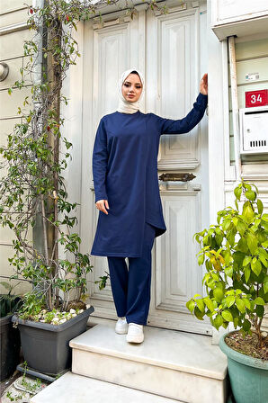 Kruvaze Bisiklet Yaka Sade Basic Tunik Panolon İkili Takım - 03076.202 - Açık Lacivert