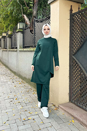 Kruvaze Bisiklet Yaka Sade Basic Tunik Panolon İkili Takım - 03076.021 - Nefti