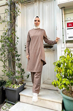 Kruvaze Bisiklet Yaka Sade Basic Tunik Panolon İkili Takım - 03076.016 - Vizon