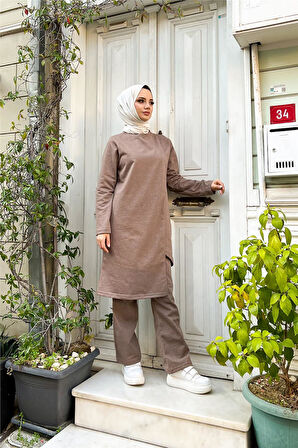 Kruvaze Bisiklet Yaka Sade Basic Tunik Panolon İkili Takım - 03076.016 - Vizon