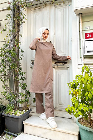 Kruvaze Bisiklet Yaka Sade Basic Tunik Panolon İkili Takım - 03076.016 - Vizon