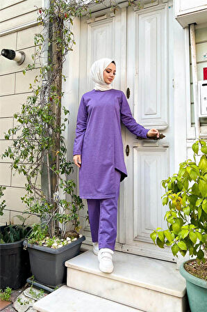 Kruvaze Bisiklet Yaka Sade Basic Tunik Panolon İkili Takım - 03076.207 - Koyu Lila