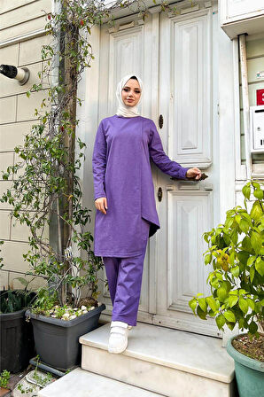 Kruvaze Bisiklet Yaka Sade Basic Tunik Panolon İkili Takım - 03076.207 - Koyu Lila
