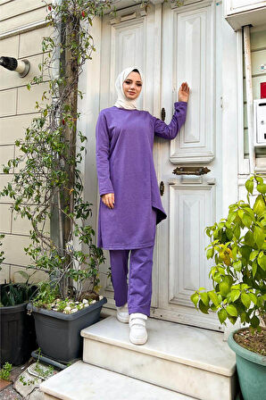 Kruvaze Bisiklet Yaka Sade Basic Tunik Panolon İkili Takım - 03076.207 - Koyu Lila