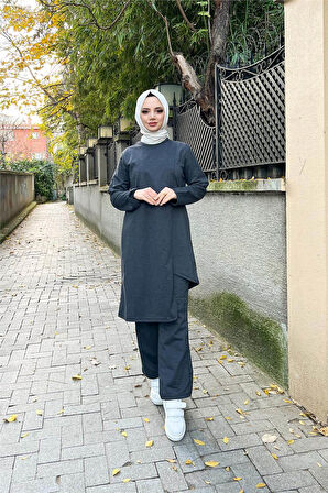 Kruvaze Bisiklet Yaka Sade Basic Tunik Panolon İkili Takım - 03076.017 - Antrasit