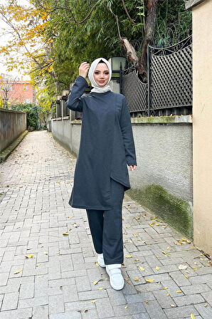 Kruvaze Bisiklet Yaka Sade Basic Tunik Panolon İkili Takım - 03076.017 - Antrasit