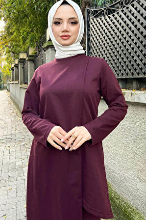 Kruvaze Bisiklet Yaka Sade Basic Tunik Panolon İkili Takım - 03076.020 - Mürdüm