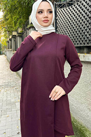 Kruvaze Bisiklet Yaka Sade Basic Tunik Panolon İkili Takım - 03076.020 - Mürdüm