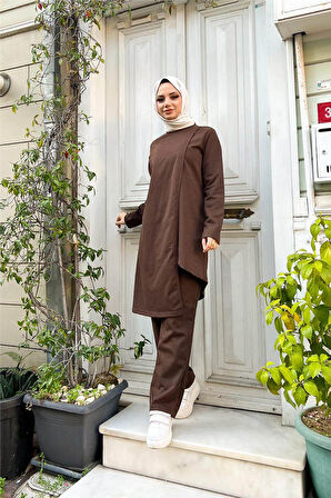 Kruvaze Bisiklet Yaka Sade Basic Tunik Panolon İkili Takım - 03076.028 - Kahverengi