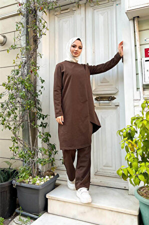 Kruvaze Bisiklet Yaka Sade Basic Tunik Panolon İkili Takım - 03076.028 - Kahverengi