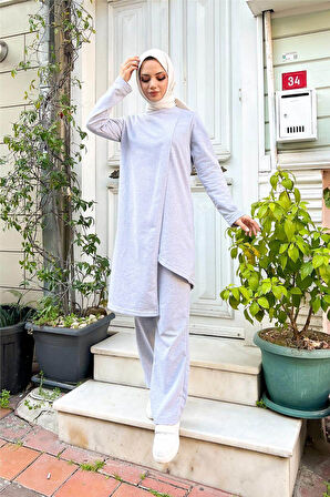 Kruvaze Bisiklet Yaka Sade Basic Tunik Panolon İkili Takım - 03076.008 - Gri