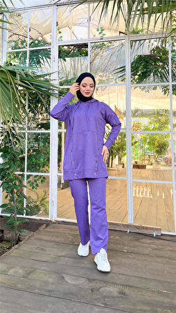 Kapşonlu Çıtçıt Detaylı Kısa Sweat Pantolon İkili Tesettür Eşofman Takımı - 03079.207 - Koyu Lila