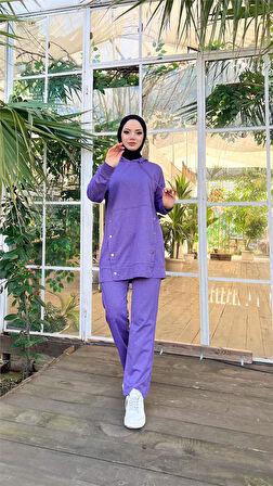 Kapşonlu Çıtçıt Detaylı Kısa Sweat Pantolon İkili Tesettür Eşofman Takımı - 03079.207 - Koyu Lila