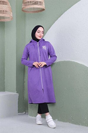Yazı Baskılı Fermuarlı Kapşonlu Uzun Sweat - 03081 - Koyu Lila