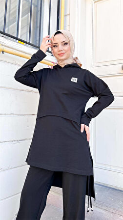 Kapşonlu Yırtmacı Bağcık Detaylı Pamuklu Tesettür Eşofman Takımı - 71168.003 - Siyah