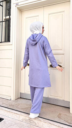 Kapşonlu Yırtmacı Bağcık Detaylı Pamuklu Tesettür Eşofman Takımı - 71168.019 - Lila