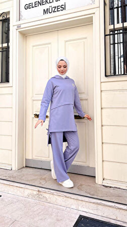 Kapşonlu Yırtmacı Bağcık Detaylı Pamuklu Tesettür Eşofman Takımı - 71168.019 - Lila