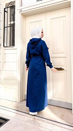 Kapşonlu Seyyar Cepli Pamuklu Elbise - 71169 - İndigo