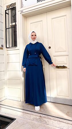 Kapşonlu Seyyar Cepli Pamuklu Elbise - 71169 - İndigo