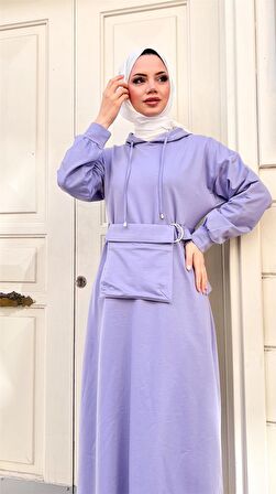Kapşonlu Seyyar Cepli Pamuklu Elbise - 71169 - Lila