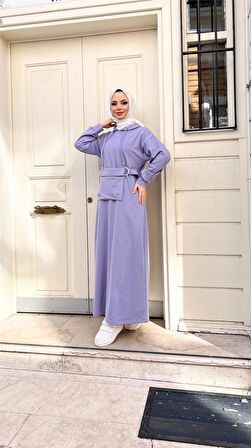 Kapşonlu Seyyar Cepli Pamuklu Elbise - 71169 - Lila
