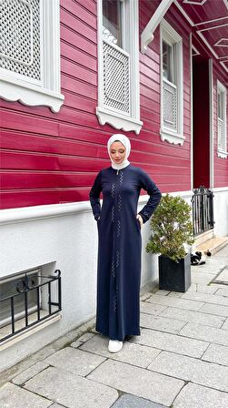 O Yaka Fermuarlı Yan Cepli Pamuklu Uzun Ferace - 71179.015 - Lacivert