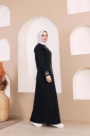 Taş Detaylı Fermuarlı Cepli Uzun Ferace - 71181.015 - Lacivert