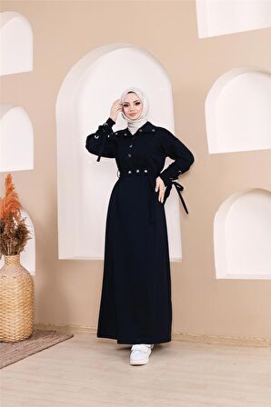 Belden Bağlamalı Çıtçıtlı Kol Şerit Detaylı Uzun Elbise - 71183.015 - Lacivert