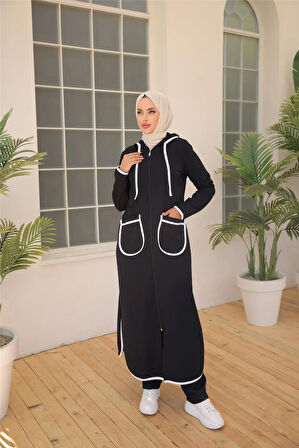 Kapşonlu Fermuarlı Cepli Uzun İkili Tesettür Eşofman Takımı - 71189.015 - Lacivert