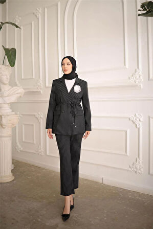 Belden Bağcıklı Kruvaze Ceket Takım - 50021.003 - Siyah