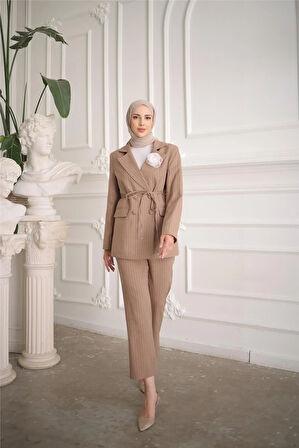 Belden Bağcıklı Kruvaze Ceket Takım - 50021.016 - Vizon