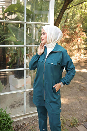 Fermuarlı Cepli Çıtçıt Detayı İkili Tesettür Eşofman Takımı - 71207.208 - Koyu Petrol