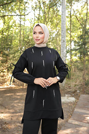 O Yaka Koldan Bağcıklı Taş Detaylı İkili Tesettür Eşofman Takımı - 71208.003 - Siyah
