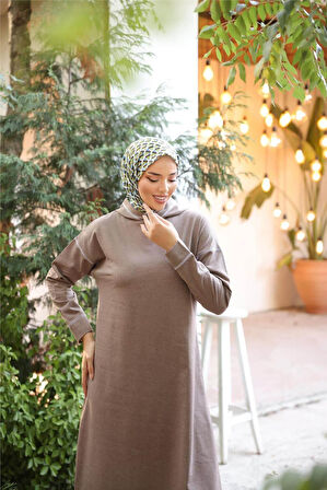 Kapşonlu Uzun Sweat Pantolon İkili Tesettür Eşofman Takımı - 03082.016 - Vizon