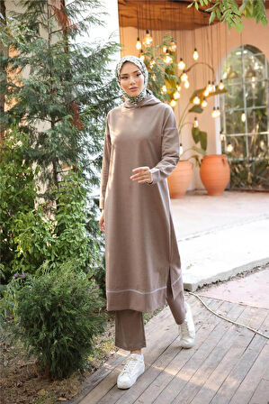 Kapşonlu Uzun Sweat Pantolon İkili Tesettür Eşofman Takımı - 03082.016 - Vizon